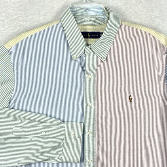 Ralph Lauren Mens XXL Colorblock Striped Brown Pony Preppy Oxford Classic Shirt